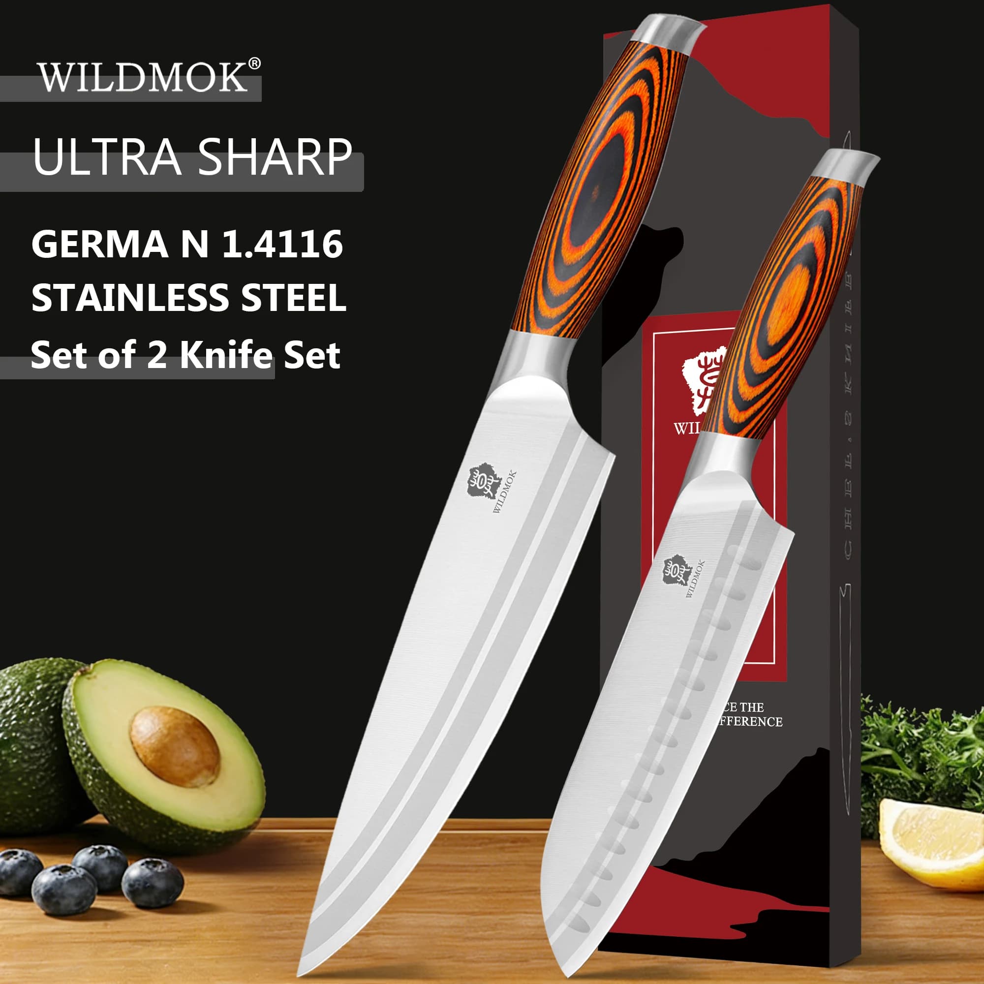 WILDMOK Set of 2 Kitchen knives, Chef knife and Santoku in German steel 1.4116, Sharpened for Slice and Cut the Meat
