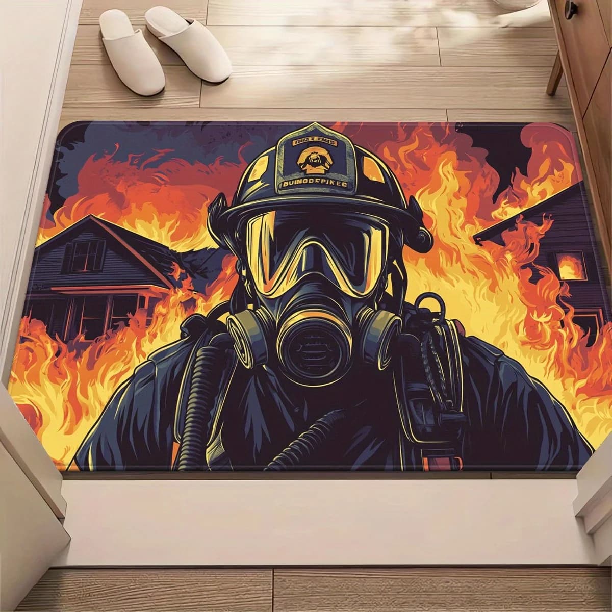 Tappetino di benvenuto con immagine principale di un pompiere, un regalo unico per i vigili del fuoco, tappetini per soggiorno, bagno e cucina.