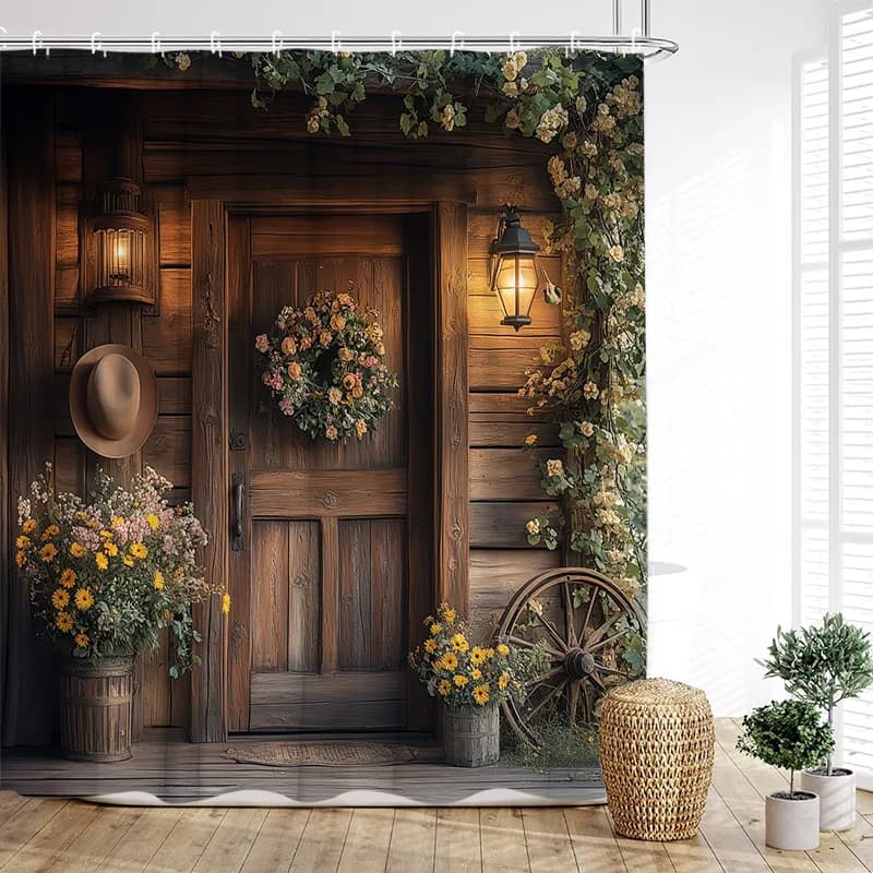 Brown Wooden Door Shower Curtain Farm Barn Floral Plant Wood Wheels Polyester Fabric Home Bathroom Curtains Decor with Hooks