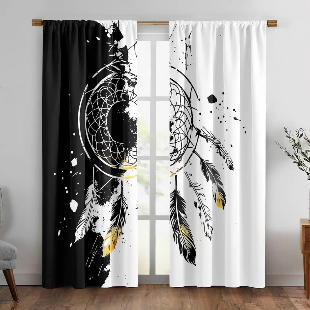 2 Panels Dreamcatcher Print Curtains, Abstract Black White Gold Polyester Drapes, Boho Window Decor for Living Room Bedroom