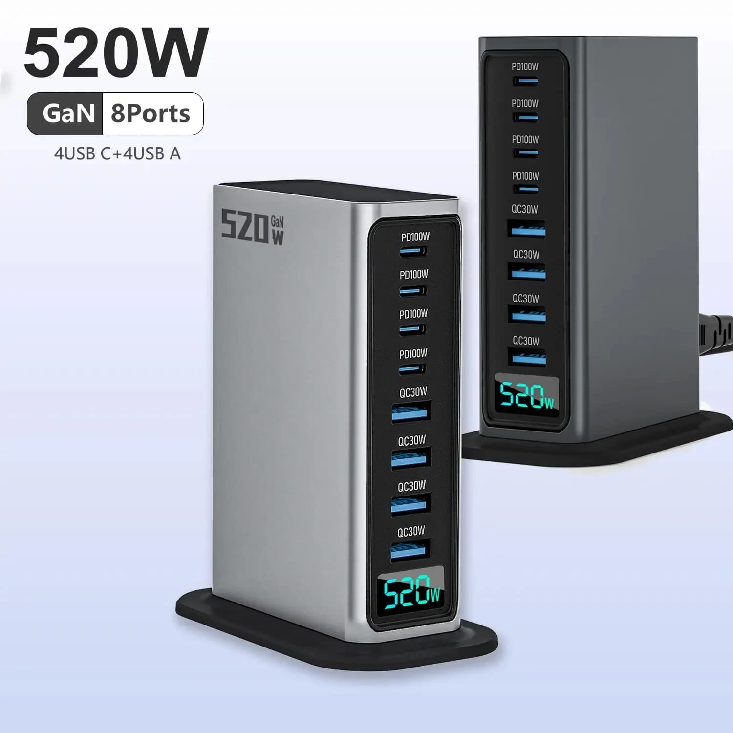 Stazione di ricarica multiporta 4C4A a ricarica super veloce da 520 W per laptop/Apple/iPhone16/15/14/Android/Tipo C PD 100 W Adattatore di alimentazione