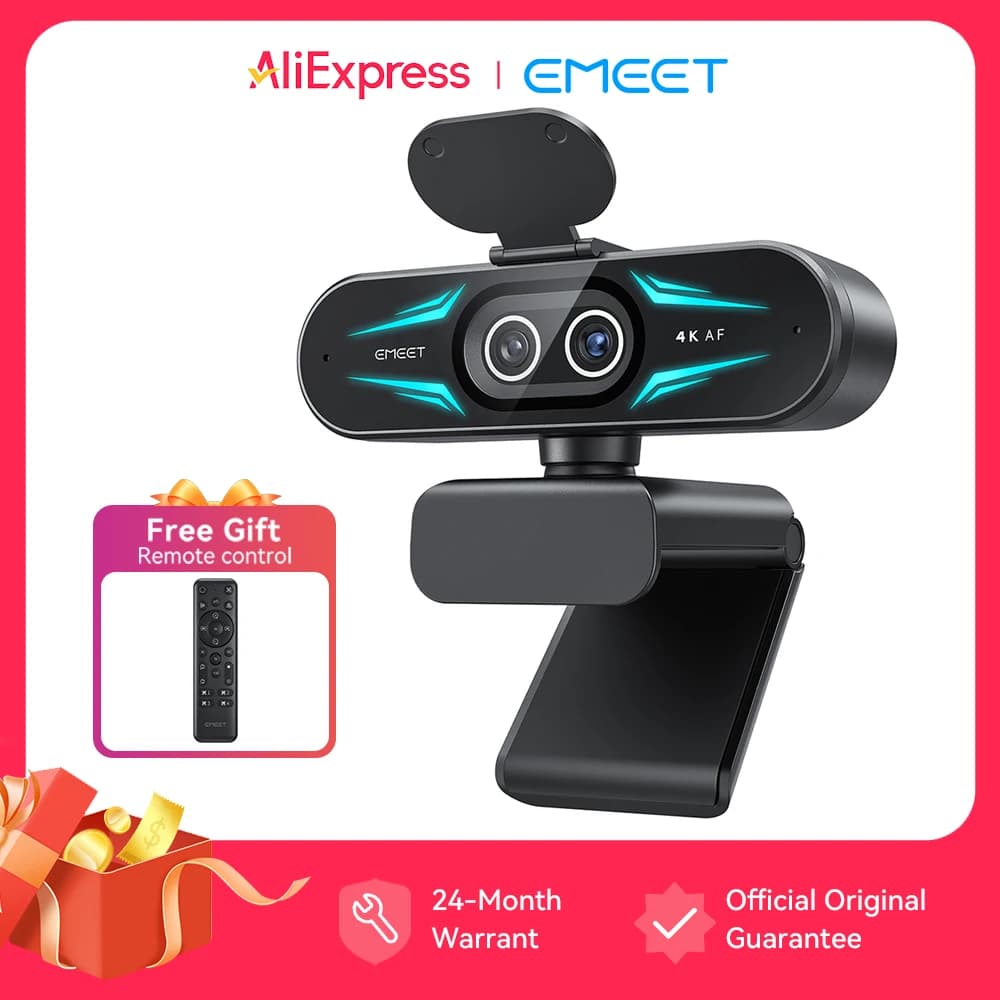 Webcam 4K 1080P 60fps EMEET C60E, Videocamera USB Binoculare 4K con Luce RGB per Streaming/Gaming, Videocamera per Computer