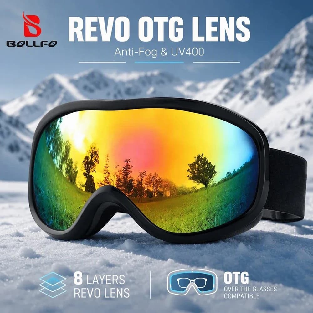 BOLLFO Ski Snowboard Goggles for Men Women UV400 Double Layer Anti-Fog Lens 8 Layer REVO HD OTG Snow Goggles Oculos Motocross