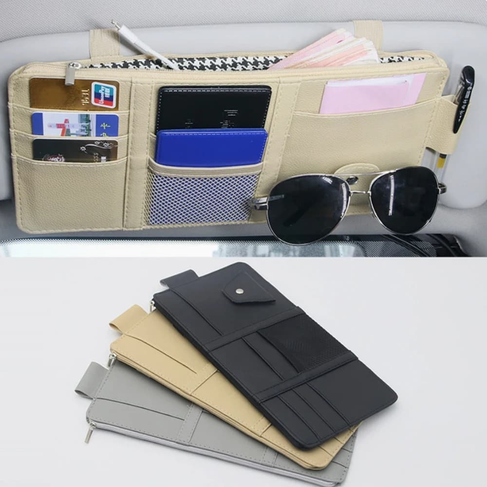 PU Car Sun Visor Organizer Multi-Functional Auto Storage Bag with Card Slots,Sunglasses Holder Interior Accessories for All Cars