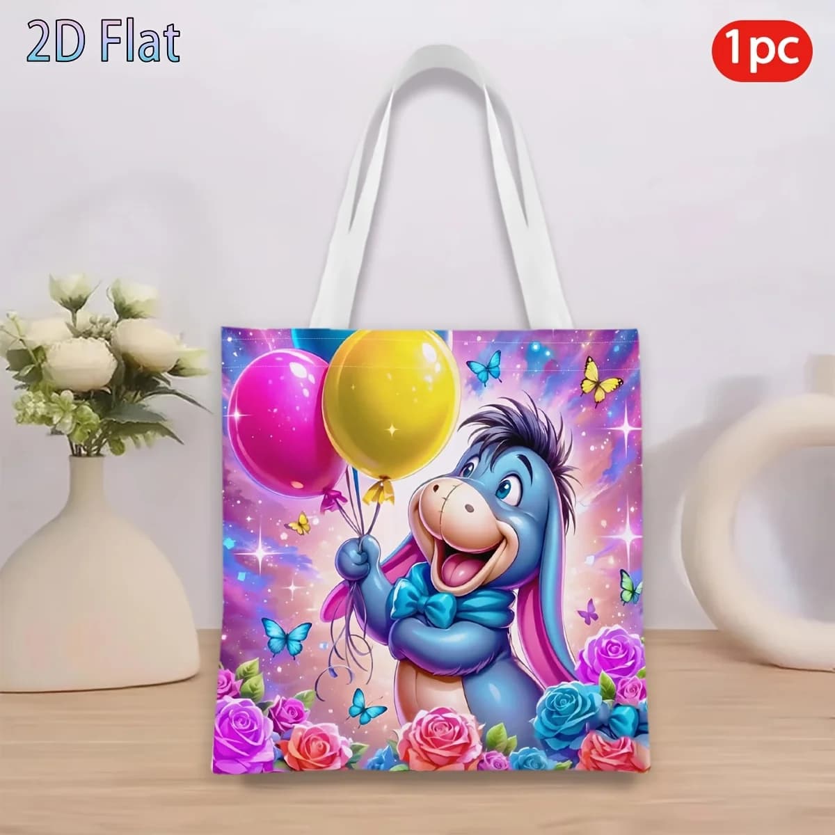1 borsa tote con stampa floreale e palloncino Winnie the Pooh Eeyore, borsa per la spesa riutilizzabile, adatta per l'uso quotidiano, per lo shopping, per la scuola, per i viaggi,