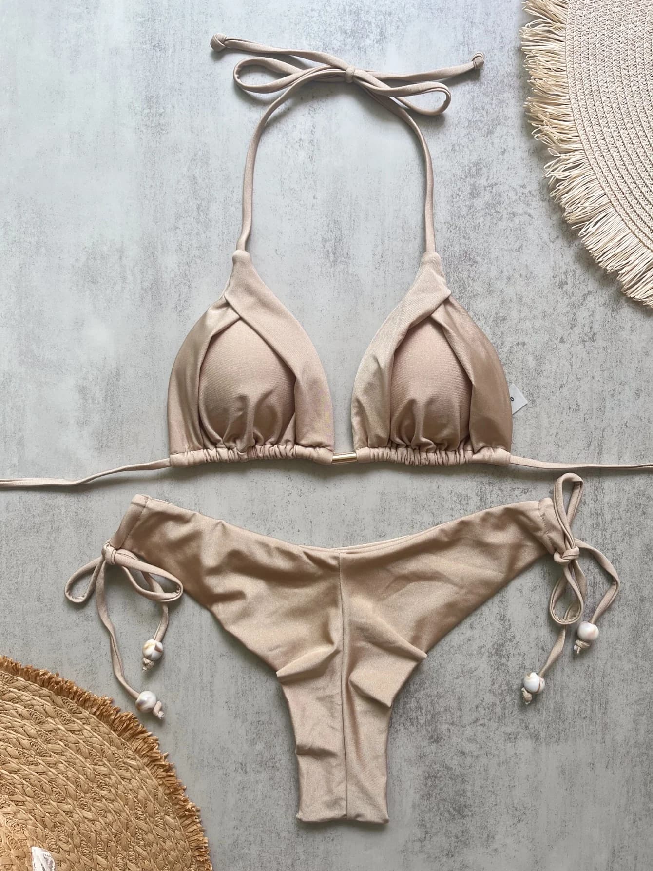 Bikini Sexy Marrone 2026 da Donna, Rosso Tinta Unita, con Halter Push-Up, Laccetti Laterali, Modello a Triangolo, Costume da Bagno Estivo, Micro Bikini con Lacci
