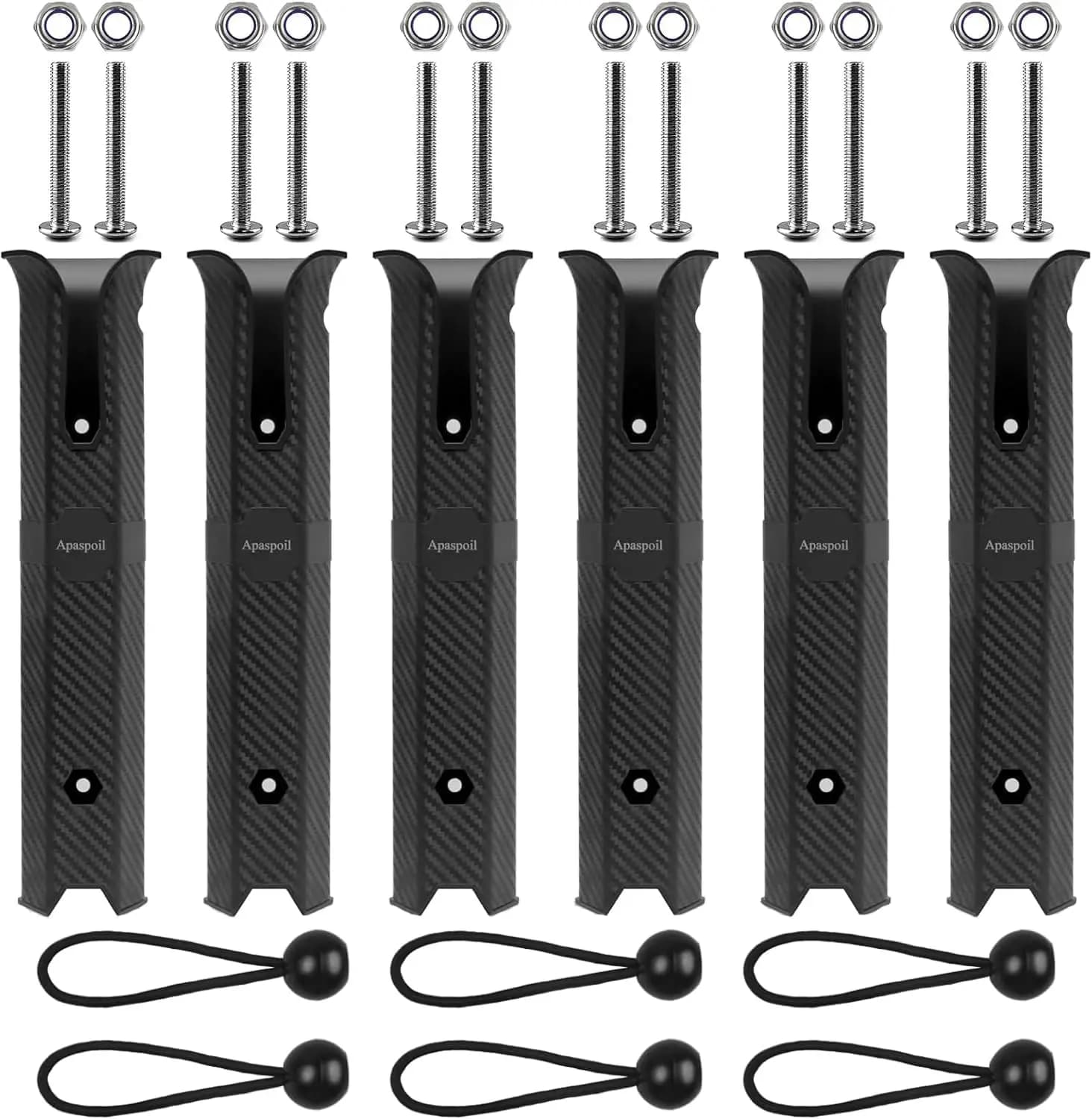 6 plastic fishing rod holders with side mounting screws on boat and pipe