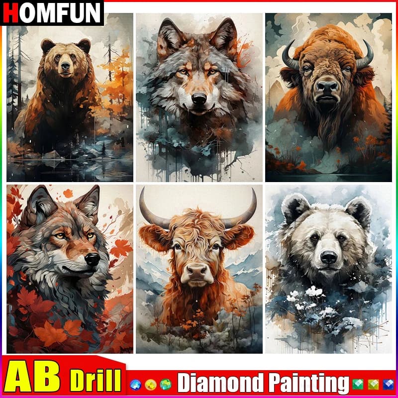 HOMFUN AB Diamond Painting Full Square/Round Diamond "Animal Wolf Bear" Pattern Embroidery Cross Stitch 5D Rhinestone Painting