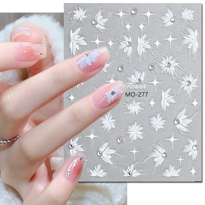 5D Embossed Nail Art Decals Diamonds Studs Snow Mowing Grass White Blossom Flowers Nails Stickers Decorations For Manicure