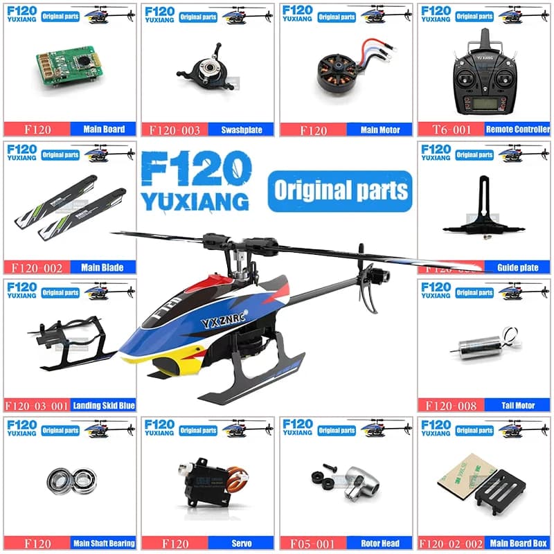 YUXIANG F120 RC Parti dell'elicottero Telaio Motore ESC Caricatore Lama di coda Baldacchino Servomotore Elica Ricevitore Albero di collegamento