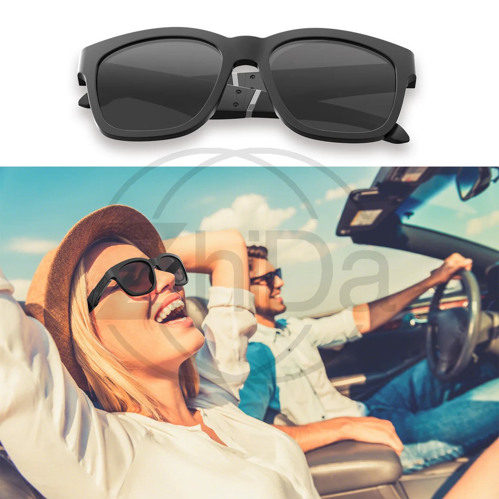 Occhiali da Sole Smart Bluetooth con Musica e Chiamate Integrate, Montatura Nera alla Moda, Occhiali Audio High-Tech
