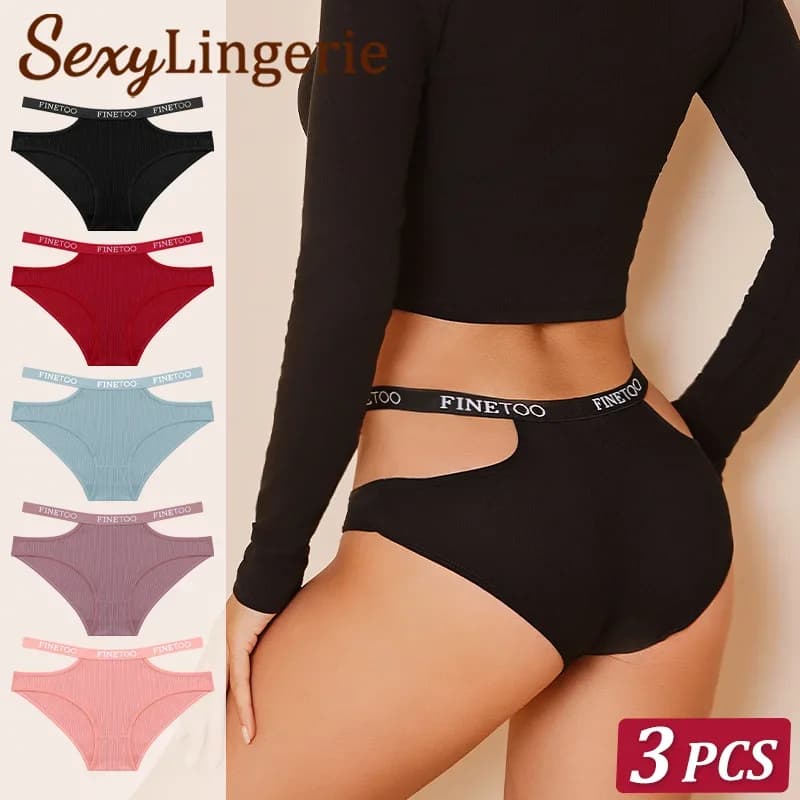 3Pcs/Set Cotton Double Letter Belt Briefs Women's Panties Sexy Hollow Out Intimate Underpants Solid Color Fashion Underwear S-XL