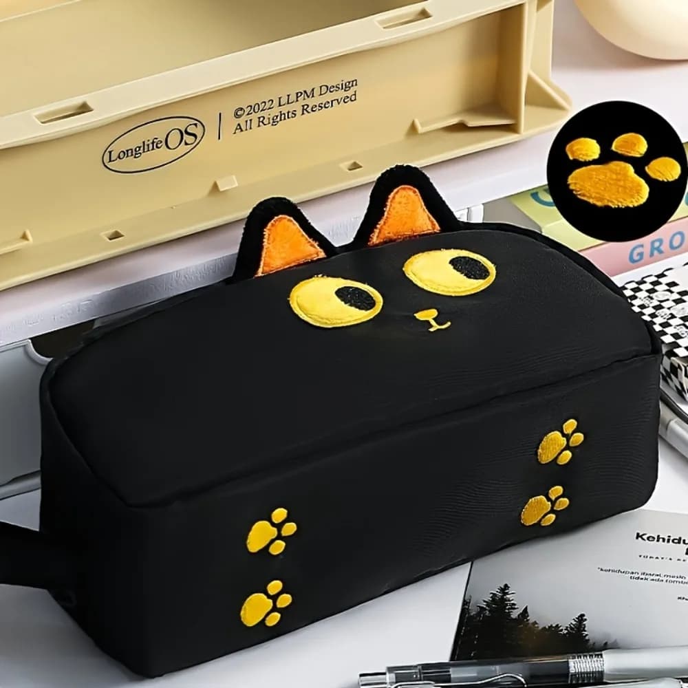 Simpatico astuccio per gatti neri 3D: materiale scolastico in poliestere di grande capacità, simpatico regalo per gli amanti dei gatti per studenti e ufficio (design con zampa)