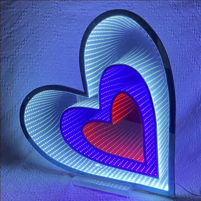 Cuore 3d LED Specchio infinito Segno Desktop specchio luminoso bifacciale Acrilico Luce al neon abisso specchio decorazione arredamento camera da letto