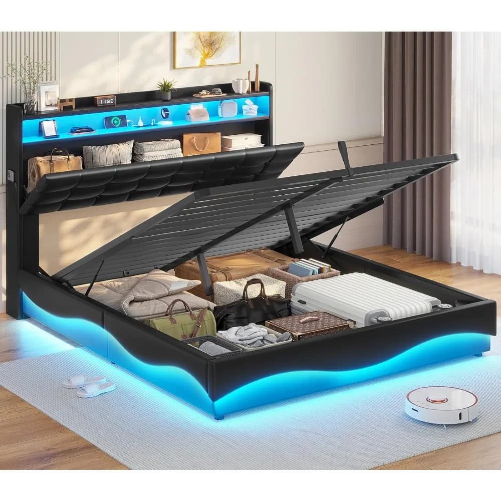 Twin Bed Frame with Hidden Storage Headboard And Type-C Charging Station Upholstered Lift up Storage Bed with LED Customizable