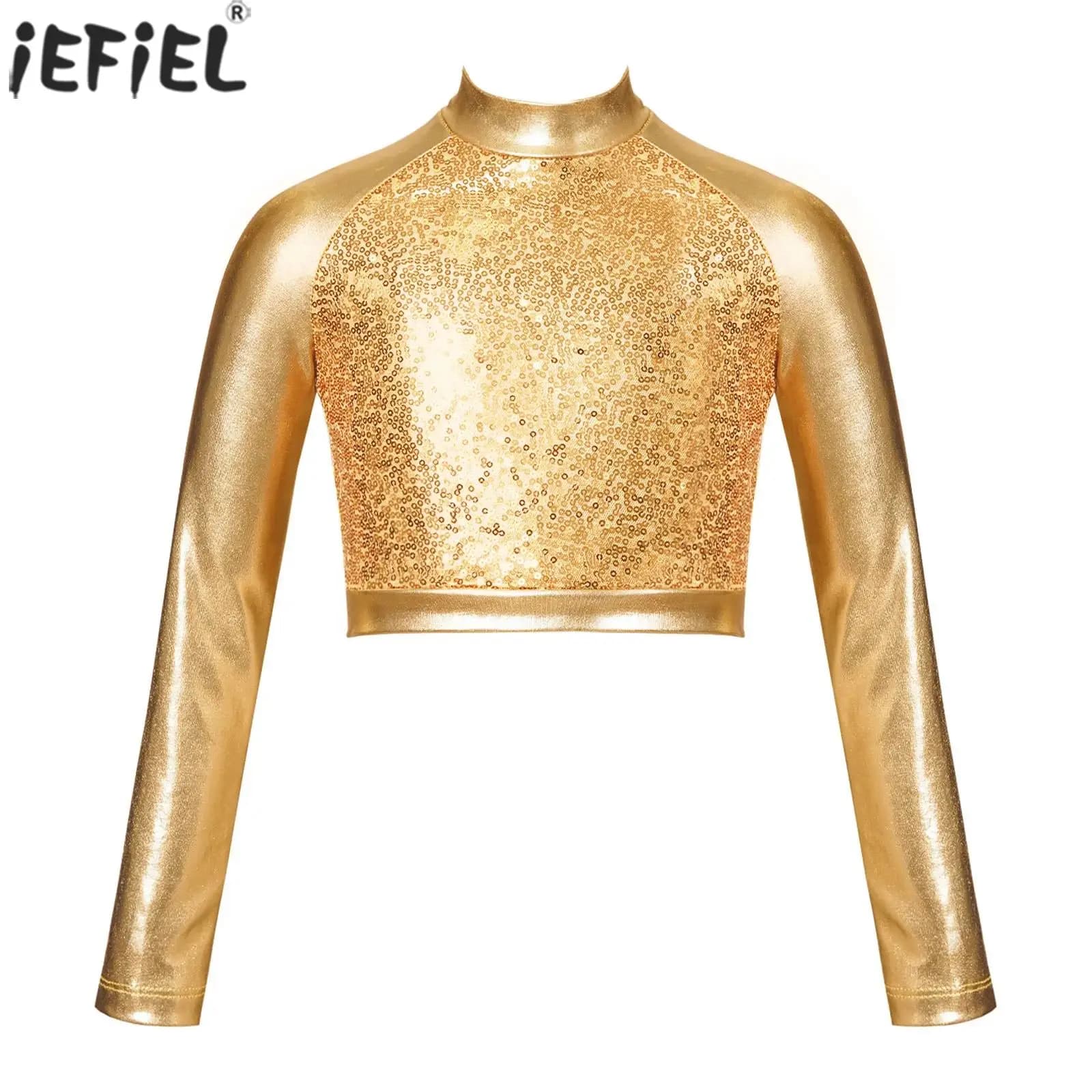 Top corto per danza jazz moderna per ragazze per bambini T-shirt a maniche lunghe con paillettes lucide metallizzate Top Costume per spettacoli teatrali di pattinaggio di figura