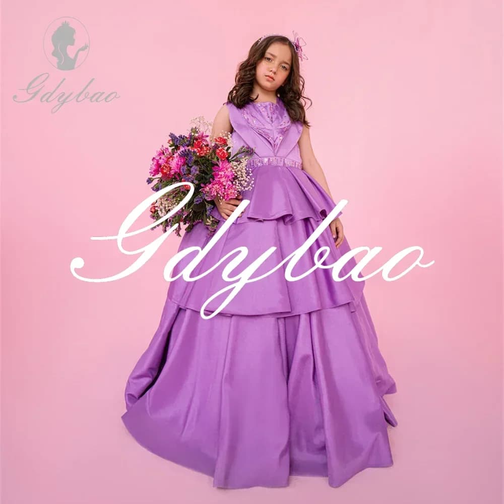 Piega diamante O collo lusso classico prima comunione lunghezza del pavimento palla lunga principessa formale festa di nozze fiore ragazza vestito Mew