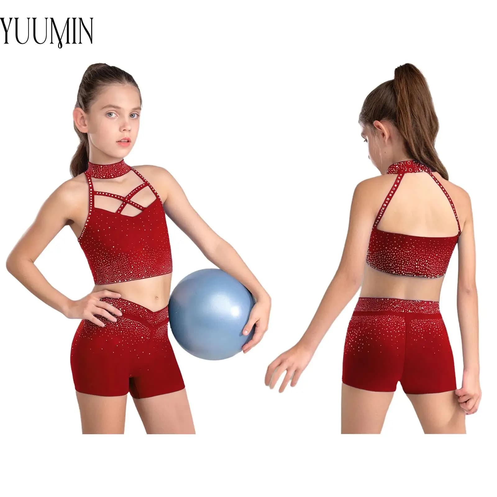 Costume da balletto per ragazze, danza, pattinaggio su ghiaccio, spettacolo, halter, senza maniche, con strass, top corto + pantaloncini, palestra, yoga