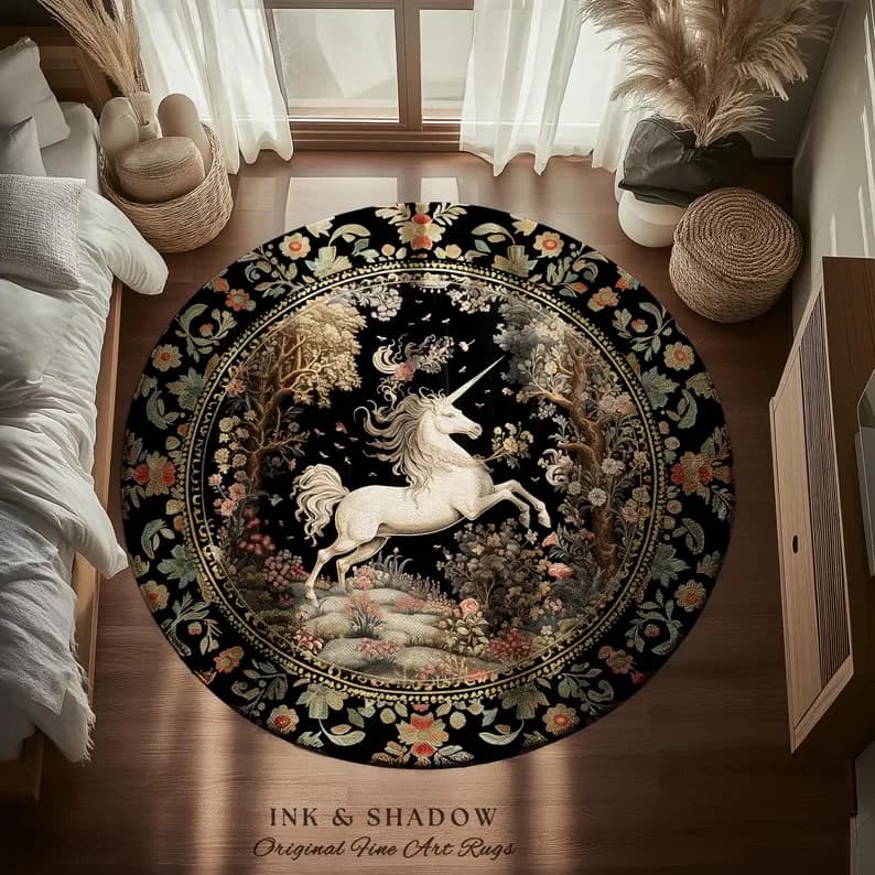 Tappeto con Motivo Foresta di Unicorni Fantastici, Decorazione per la Casa, Stile Medievale Vintage Moderno, Tappeto per Soggiorno