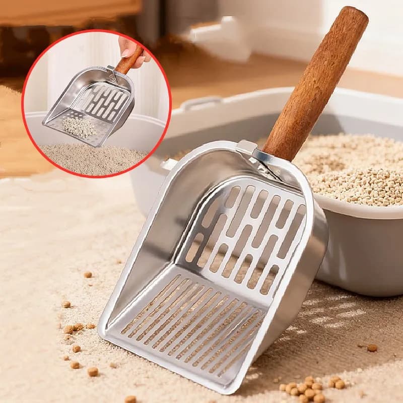 Cat Litter Scoop Wooden Handle Cat Litter Shovel Stainless Steel Sand Scoops for Cats Toilet Cleaning Hangingable Pet Sand Scoop