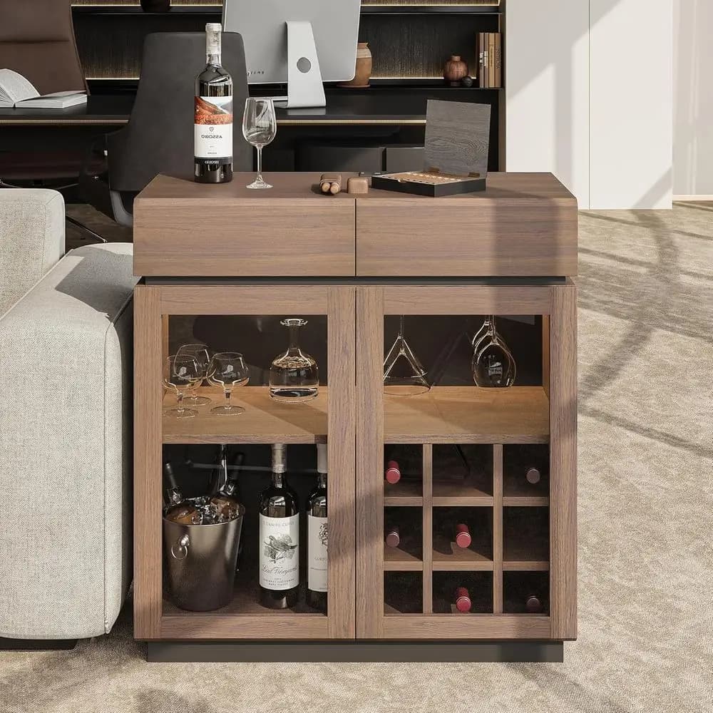 Mobile Bar in Noce con Illuminazione LED, Portabottiglie a 9 Scomparti, 4 Portabicchieri, Cassetti e Porte di Ricarica