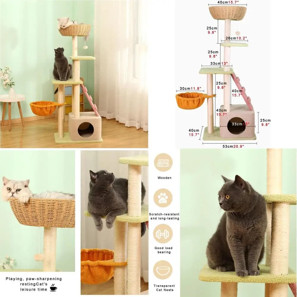 Albero per gatti con palo in sisal per famiglie multi-gatti con 5 livelli, pilastri ispessiti, 2 piattaforme per saltare, scala da arrampicata e letto per gatti intrecciato
