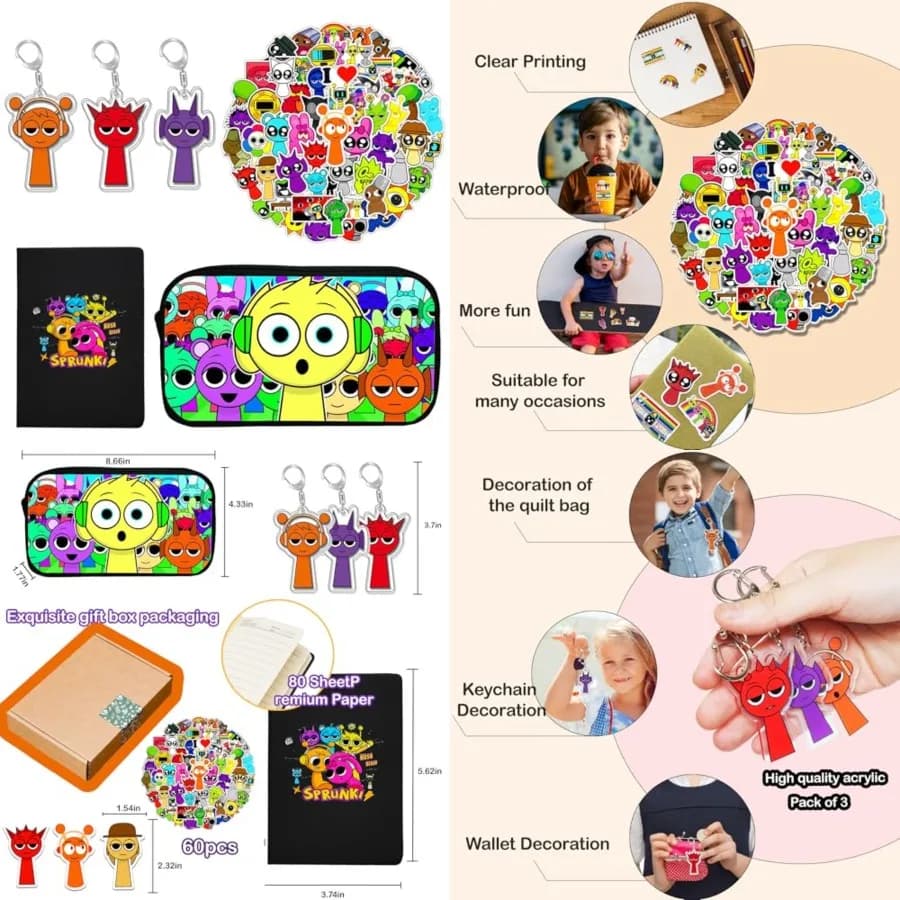 Cute Sprunki School Supplies Rhythm Box Stationery Set with Pencil Case 60Pcs Waterproof Removable Stickers Pocket Notebook 3Pc