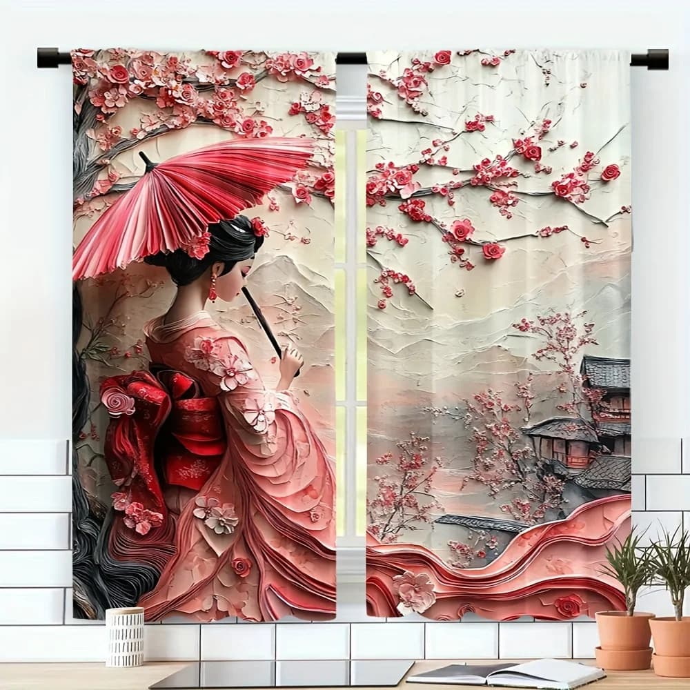 2 tende primaverili vibranti per geisha giapponese in poliestere Sakura e Fuji Mountain Design per la decorazione del festival all'aperto della camera da letto