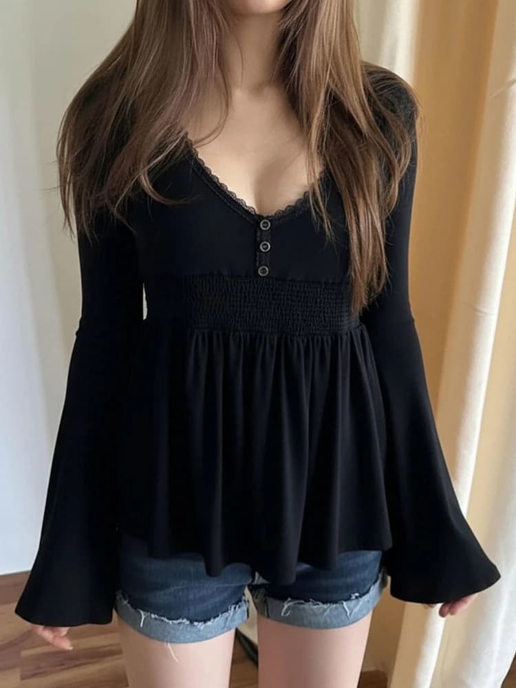 T-shirt Donna Autunno 2026 Stile Grunge con Maniche a Campana, Estetica Y2k, Patchwork in Pizzo, Casual Vintage Harajuku con Pieghe