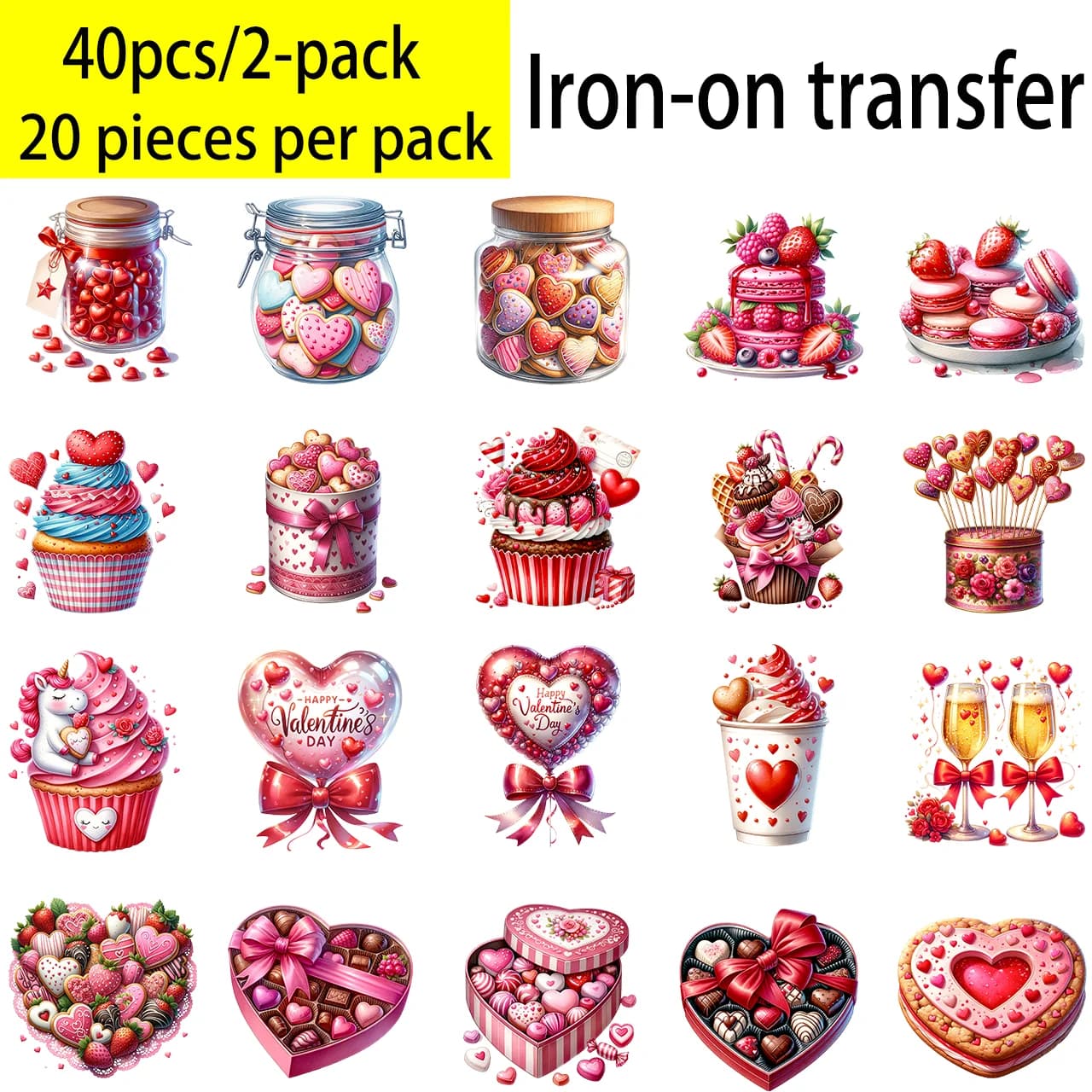 20 thermoadhesive adhesives theme candies and sweets for Valentine's Day, suitable for DIY clothing, bags, hats, pillows, etc.