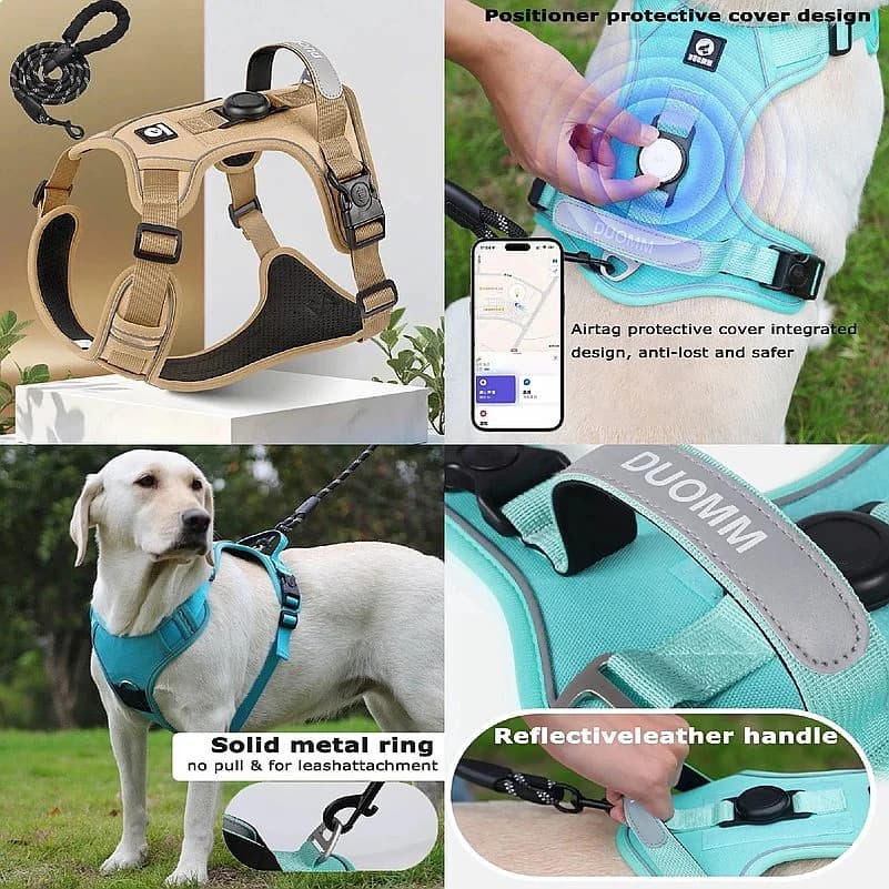 Dog Harness with Airtag Holder and Leash Set-Premium Oxford Breathable Material Durable Reflective Dog Harness and Leash Set
