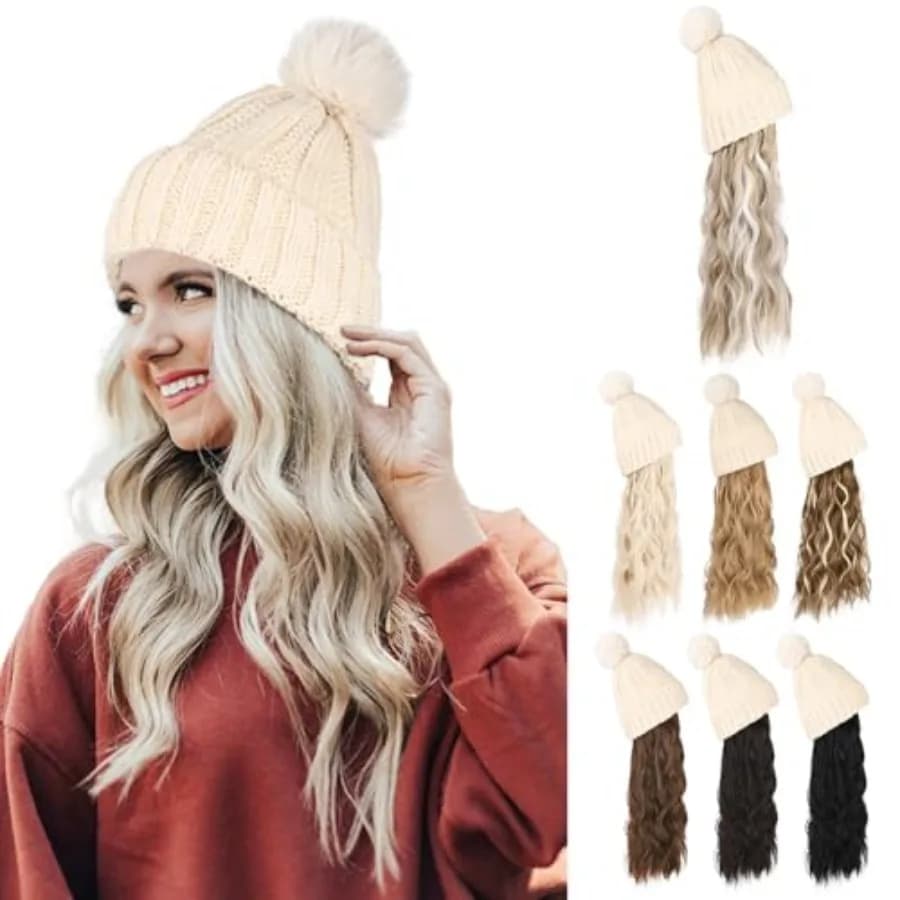 FLmaozi Beanie Wig, Hat Hair Extension Long Wavy White Hat Wig with Faux Fur Pom Hat, wig hat Attached 20 Inch Synthetic Hairpi