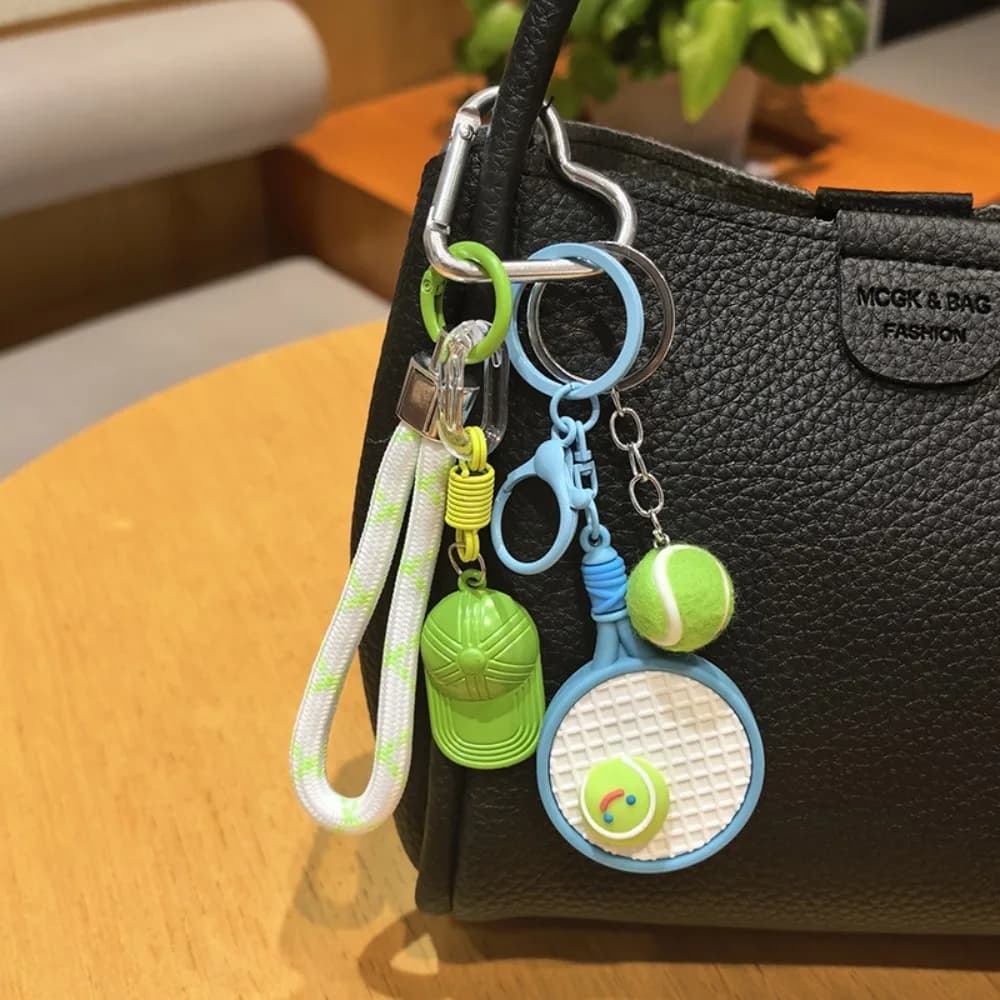 Fashion Tennis Ball Tennis Racket Keychain PVC Baseball Cap Backpack Pendant Sports Accessory Gift Daily Use