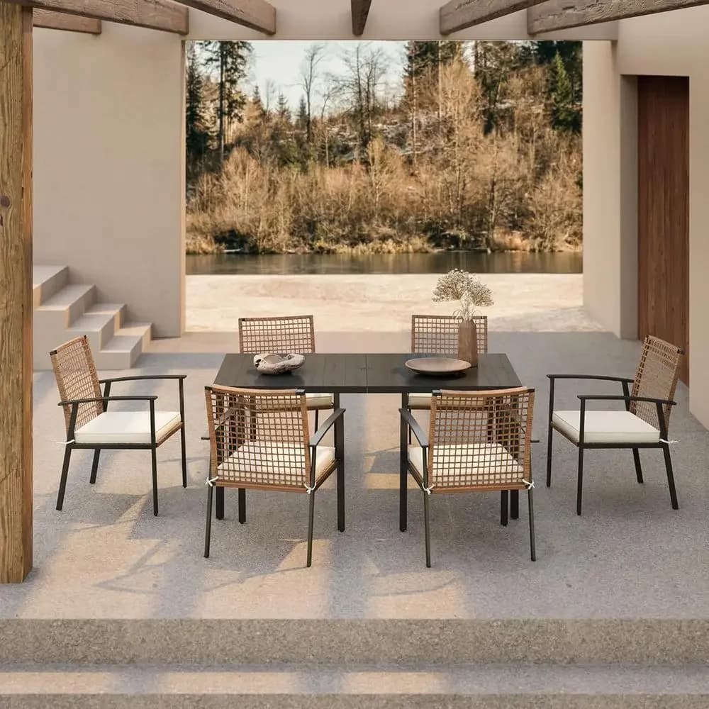 7-Piece Patio Dining Set: 6 Chairs with Cushions & Iron Slat Table for Outdoor, Backyard, Garden, Poolside