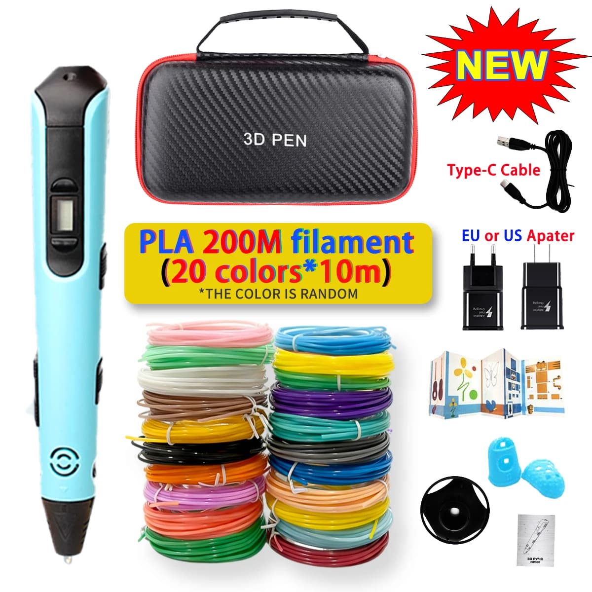 New 3D Pen for Children, 3D Printer Pen Fai-da-Te, Creative Gift for Birthday and Christmas, PLA Filament, Power Adapter, Travel Case