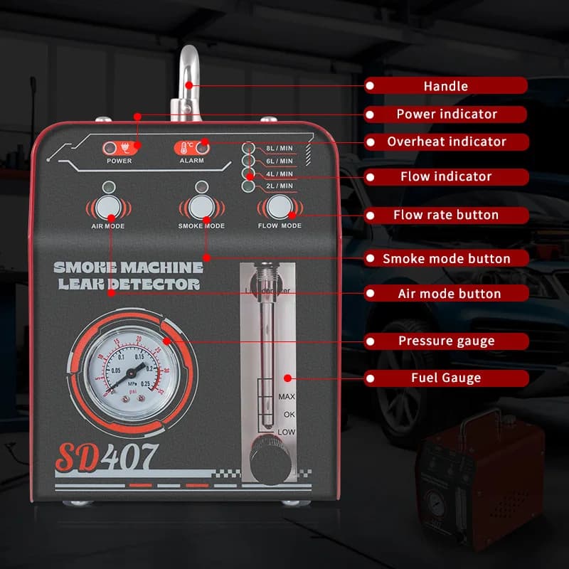 Rilevatore di perdite di fumo portatile SD407 per autoveicoli, macchina del fumo a concentrazione regolabile per test di perdite su tubi di aspirazione e scarico