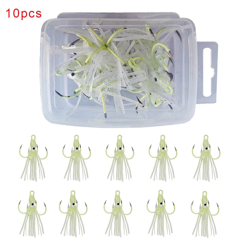 10pcs Fishing Wobbler Luminous Soft Jig Squid Bait Barbed Four Anchor Hook Artificial Minnow Crankbait Fishing Lure Accessories
