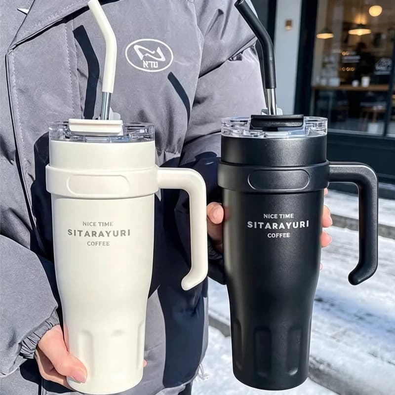 38.5OZ Large Capacity Stainless Steel Insulated Tumbler With Straw Car Office Portable Thermal Water Cup