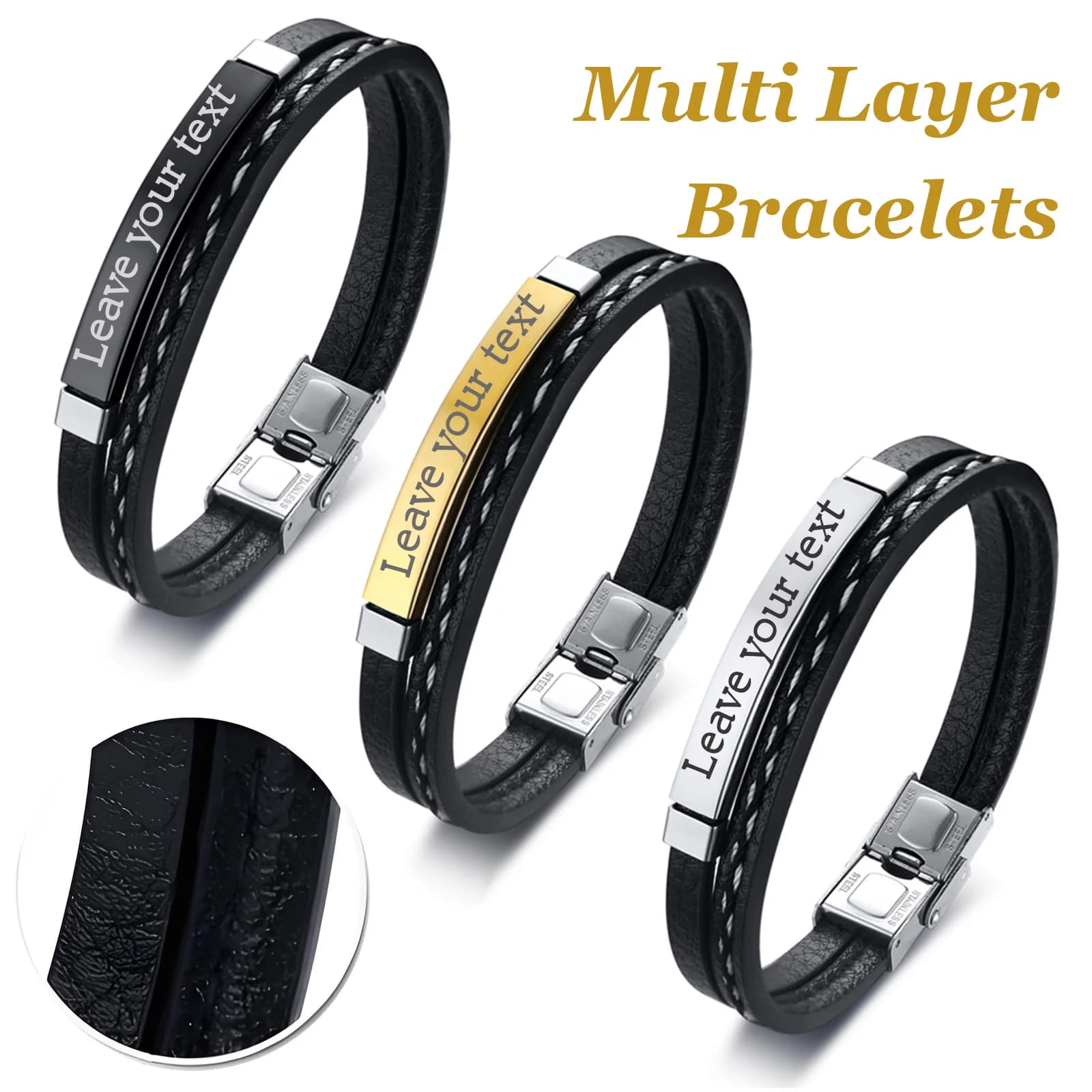 Bracciale in Pelle PU Intrecciata a Doppio Strato con Piastra Curva in Acciaio Inossidabile Incisa, Gioiello alla Moda, Regalo per la Festa del Papà