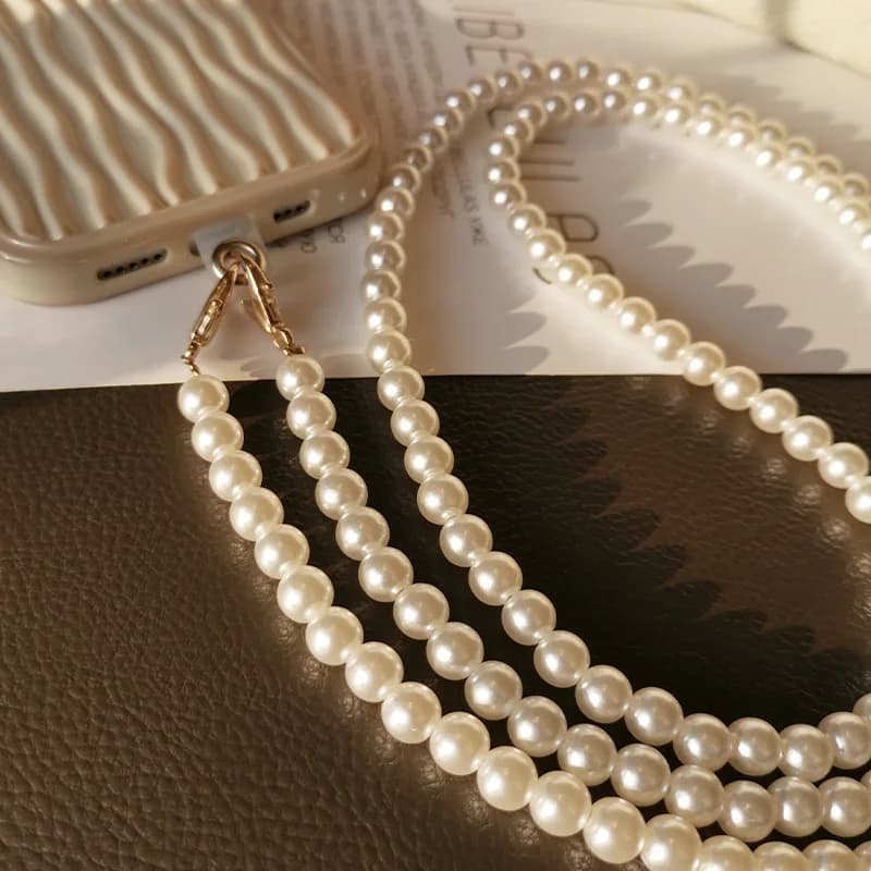 120cm Long Diagonal Pearl Phone Lanyard Handmade Detachable With Transparent Pad Phone Case Hanging Chain Fashionable and Simple