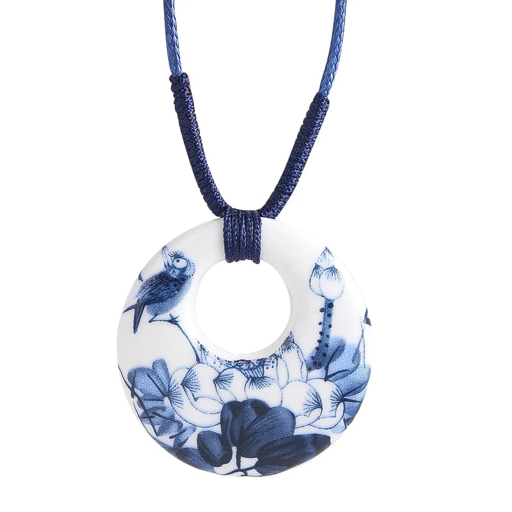 Gioielli in stile etnico cinese Ciondolo rotondo in ceramica di loto per uomini e donne Regalo di gioielli regolabili con corda intrecciata fatta a mano