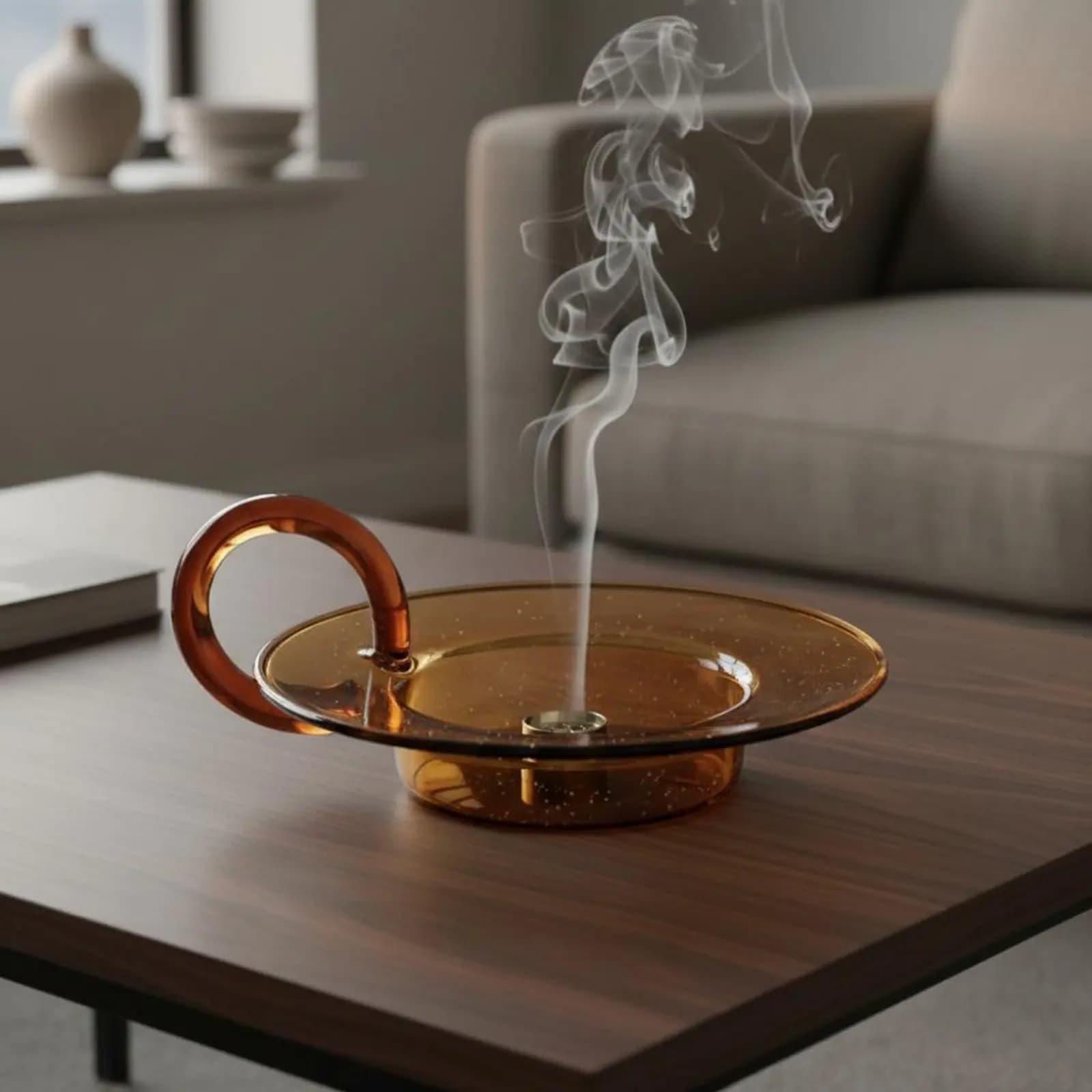 Honey-Toned Glass Aromatic Stick Tray with Handle Stable Wide Base Aromatic Stick Stick Burner Dish Accessory for Indoor