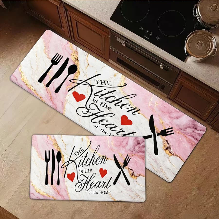 1/2/3Pcs Flannel Kitchen Mat—Kitchen Rug The Kitchen Is The Heart Of The Home Floor Mat Pink Marble Texture Flannel Carpet Modern Decorative Area Rug For Cooking Room—Soft,Comfortable,Suitable For Bathroom,Bedroom,Kitchen,Laundry Room