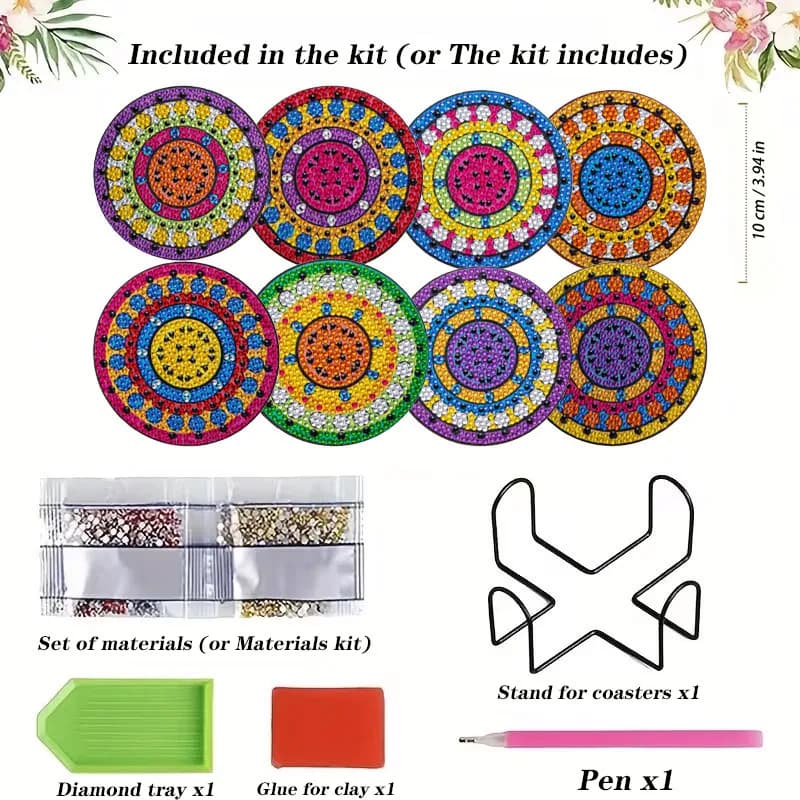 Set di 8 Sottobicchieri con Mandala in Diamond Painting e Supporto, Kit Artistico DIY con Cristalli per Principianti, Regalo per Arredamento Casa