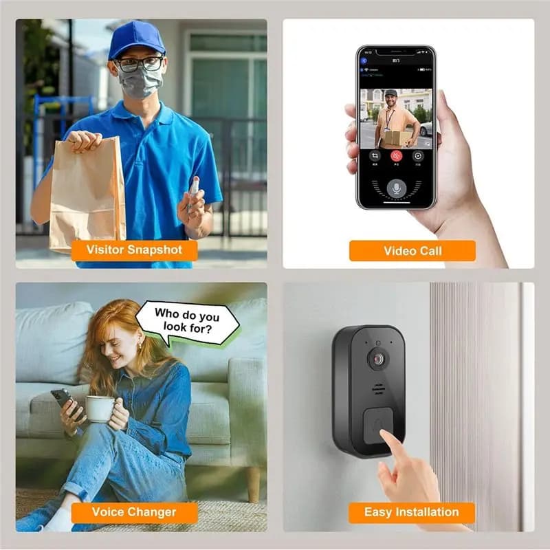 Campanello Video Wireless BHTS, Videocitofono Intelligente, Facile Installazione, Supporto Wi-Fi 2.4G, Nero