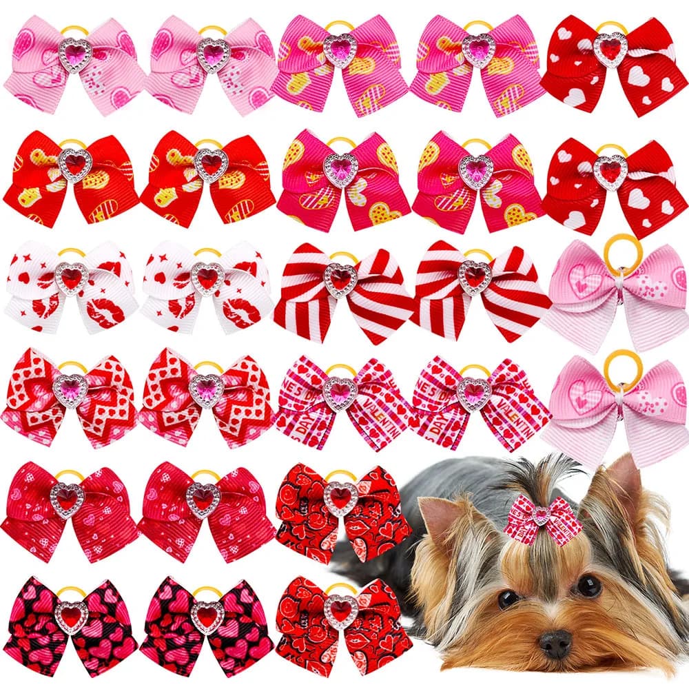 20PCS Rosso/Rosa Serie Archi per cani Archi di San Valentino per cani Simpatico gatto Archi per cani per elastico Pet Capelli Bowknot Accessori per cani