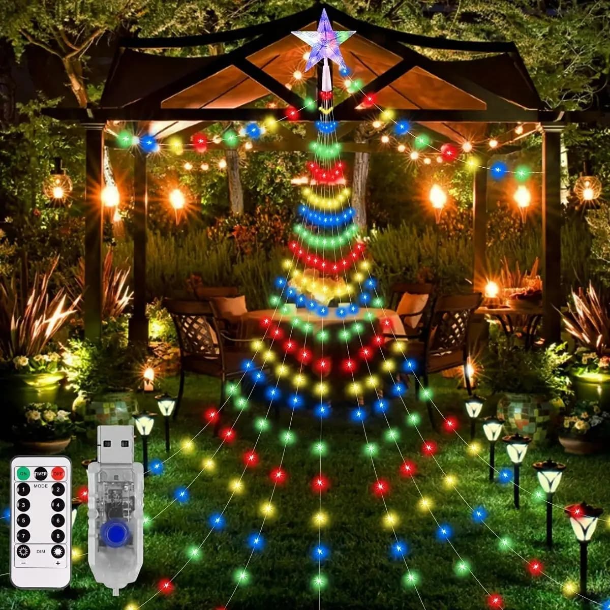 1pc luci stellari per esterni di Natale 198 luci per albero a cascata a LED alimentate tramite USB con 8 modalità di controllo remoto per la decorazione del patry del cortile interno della casa