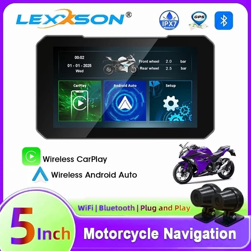 Dash Cam DVR per moto da 5 pollici con navigazione per moto con monitor GPS per fotocamera wireless Carplay Android Auto HD 1080P