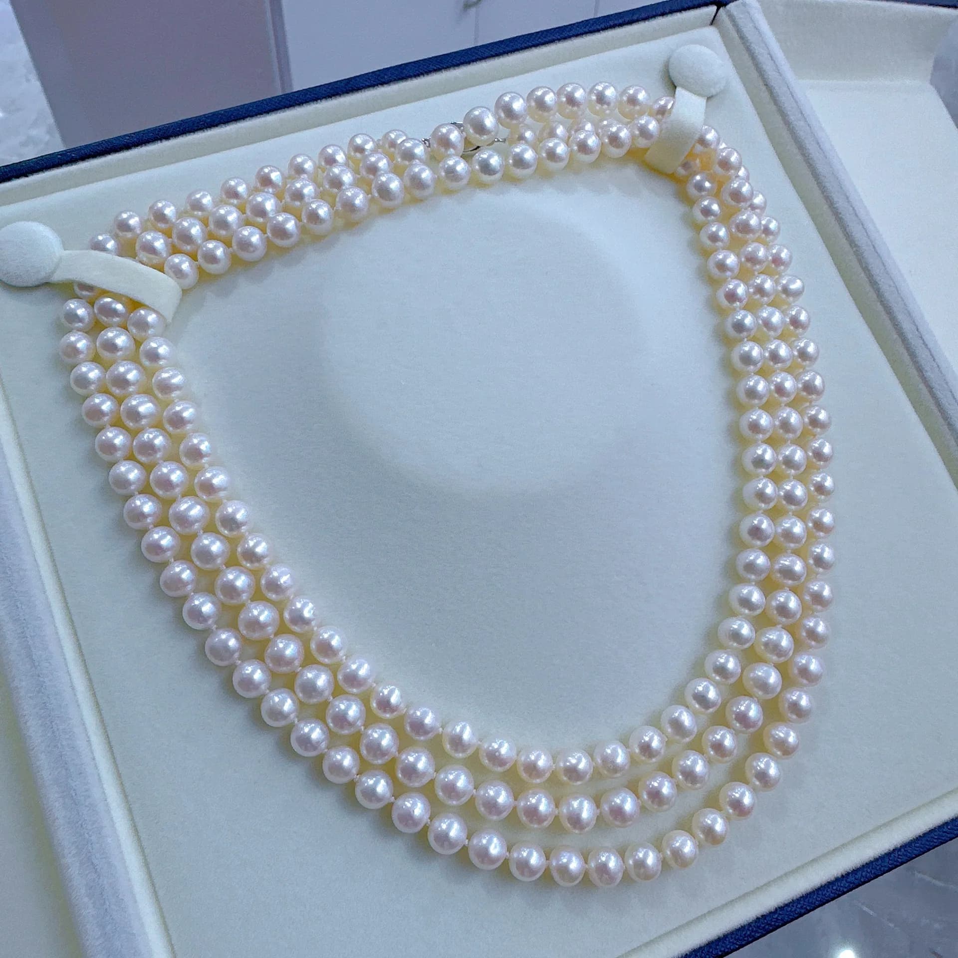 Bellissima collana di perle AAAA7-8mm Collana di perle giapponesi rotonde naturali in argento 925 lunghezza 130 cm