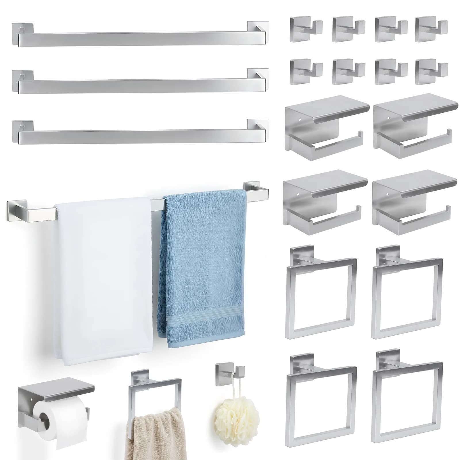 Set di 20 Pezzi in Acciaio Inox per Bagno: Portasciugamani, Portarotolo, Anello Portasciugamani, Gancio e Altri Accessori